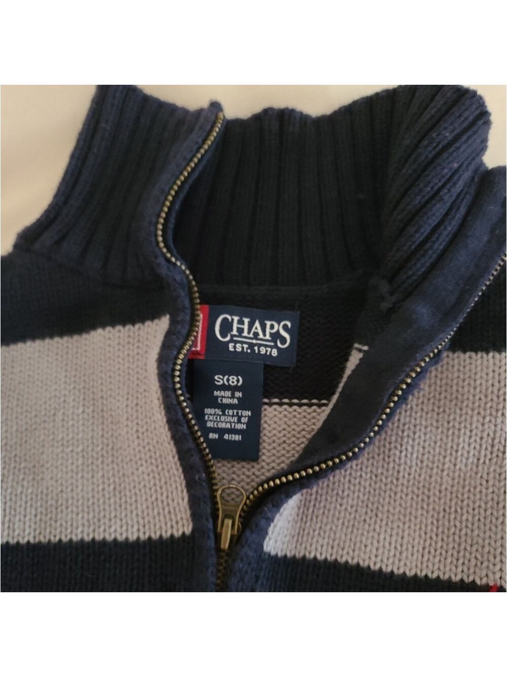 Chaps Boys Size 8 Gray Navy Sweater with Quarter Zip - Picture 6 of 6